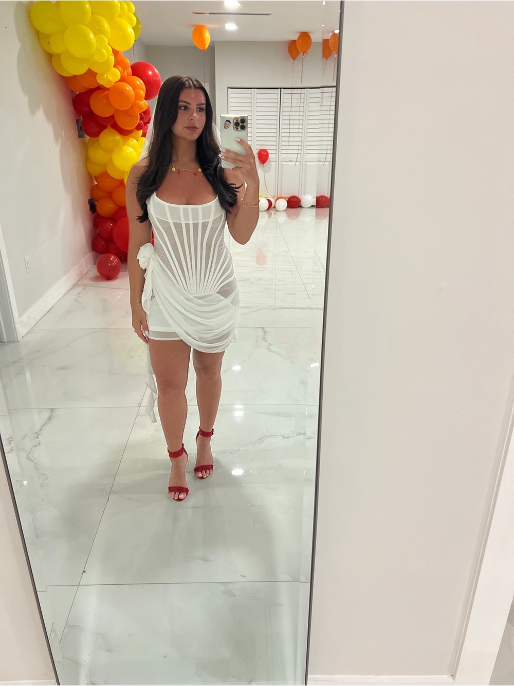 White Sheer Panel Ruched Mini Dress